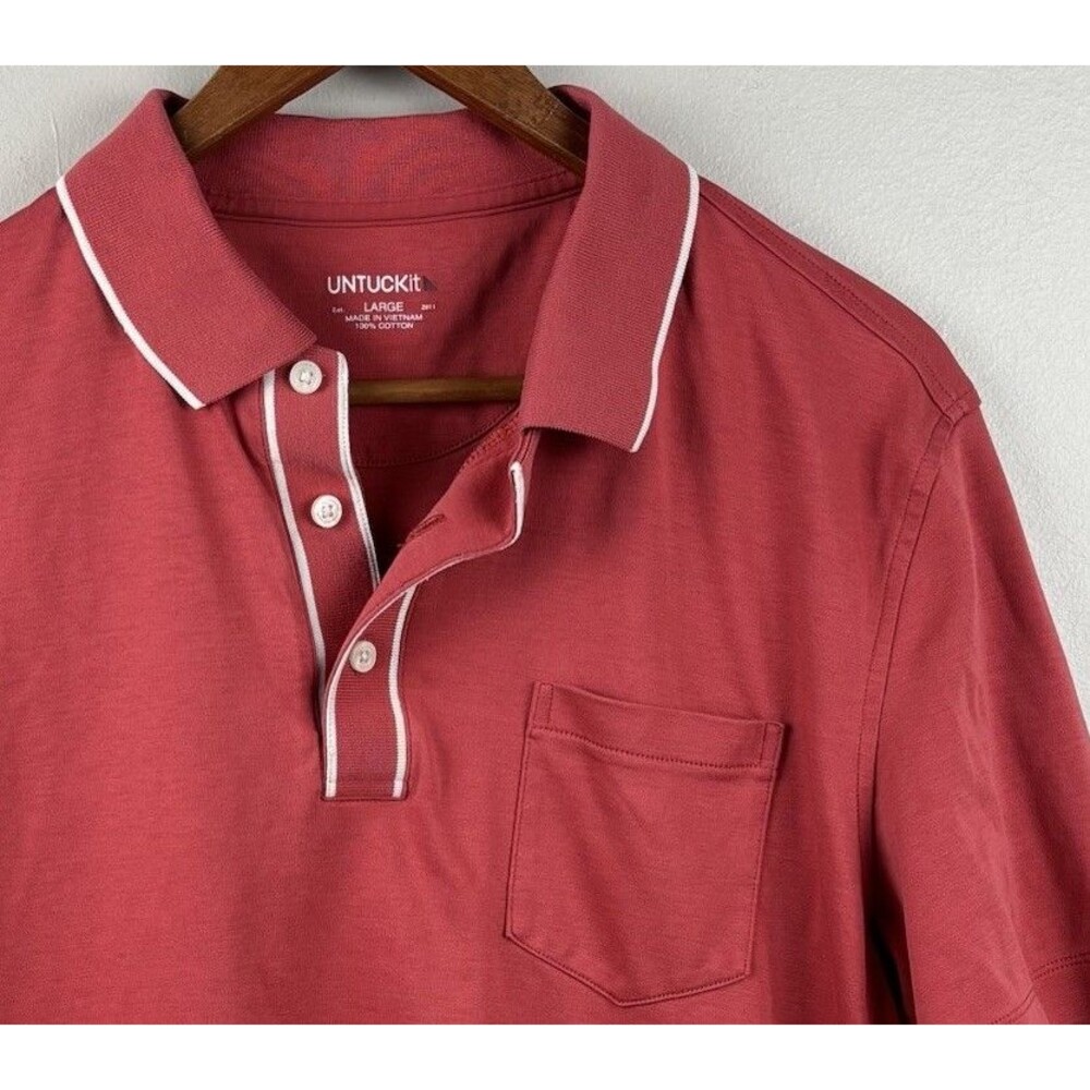 Untuckit Pax Short Sleeve Polo Red Large Cotton men’s soft Pocket Golf Collar